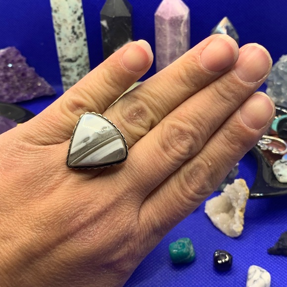 Comfort Curl Natural Blue Opal Adjustable Ring! .925 Sterling Silver Overlay - Picture 11 of 17